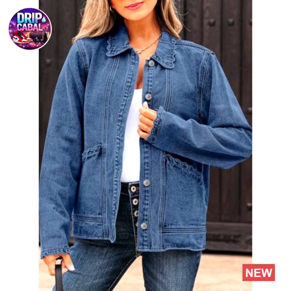 Denim Jacket Shacket Oversized Button Down Ruffle… - image 4